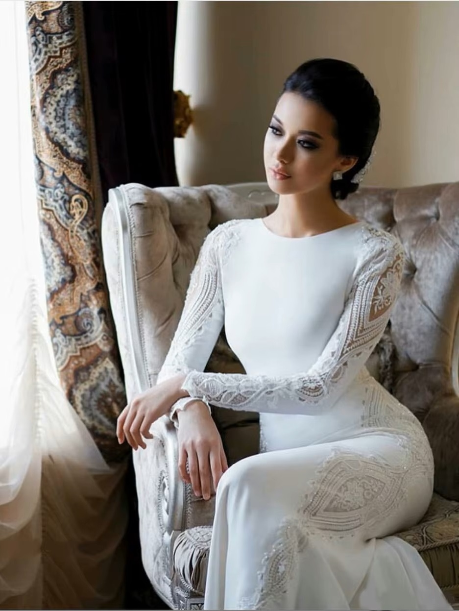 SoDigne Muslim Mermaid Satin Lace Wedding Dresses For Women 2023 Long Sleeves Arabic Bridal Dress Elegant Bride Gown Customized 2 SoDigne Muslim Mermaid Satin Lace Wedding Dresses For Women 2023 Long Sleeves Arabic Bridal Dress Elegant Bride Gown Customized - immagine 2