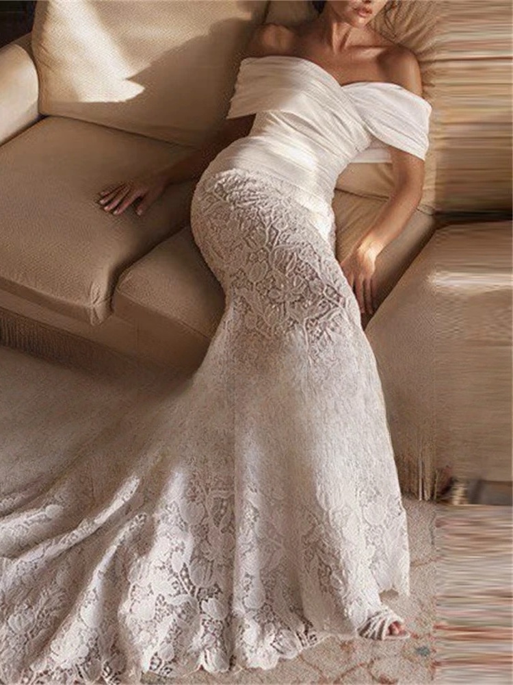BIGDAY Luxury Lace Mermaid Wedding Dress Women Off The Shoulder Pleat Open Back V-Neck Bridal Gown Vestido De Noiva Customized 3 BIGDAY Luxury Lace Mermaid Wedding Dress Women Off The Shoulder Pleat Open Back V-Neck Bridal Gown Vestido De Noiva Customized - immagine 3