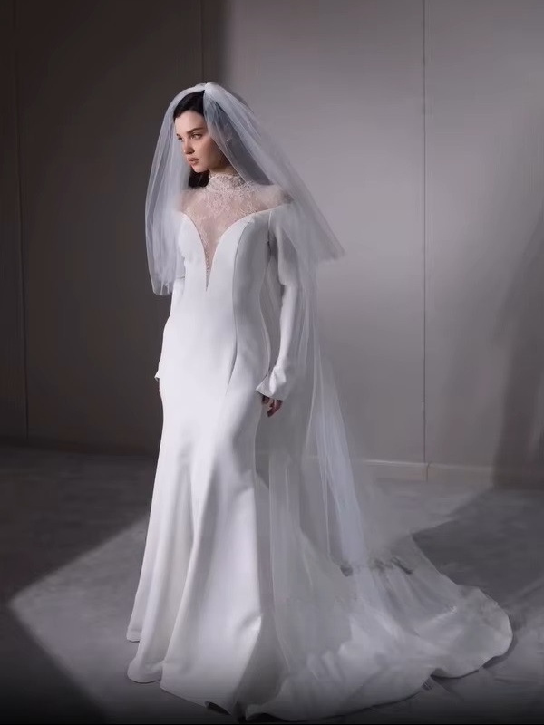 SoDigne Mermaid Lace/Satin Bride Dresses High Neck Full Sleeves Wedding Dress Long Bridal Gowns vestidos de novia Customized 3 SoDigne Mermaid Lace/Satin Bride Dresses High Neck Full Sleeves Wedding Dress Long Bridal Gowns vestidos de novia Customized - immagine 3