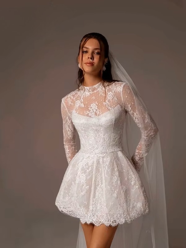 Vintage A-Line Lace Appliques Mini Wedding Dress For Women Simple High Neck Illusion Long Sleeves Gown Short Dress Customized 1 Vintage A-Line Lace Appliques Mini Wedding Dress For Women Simple High Neck Illusion Long Sleeves Gown Short Dress Customized