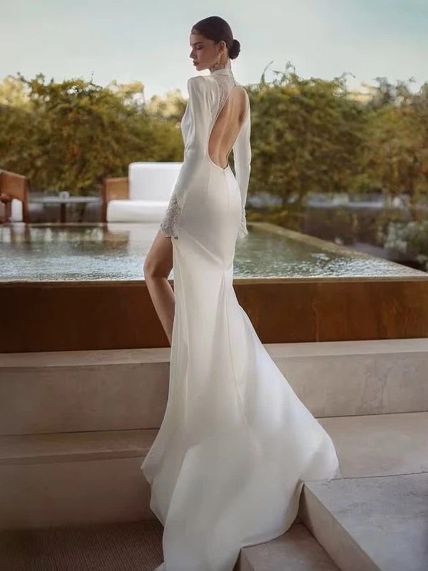 SoDigne Mermaid Wedding Dresses High Neck Full Sleeves Satin/Lace Bridal Dress Long Wedding Gown Robe De Mairee Customized 2 SoDigne Mermaid Wedding Dresses High Neck Full Sleeves Satin/Lace Bridal Dress Long Wedding Gown Robe De Mairee Customized - immagine 2