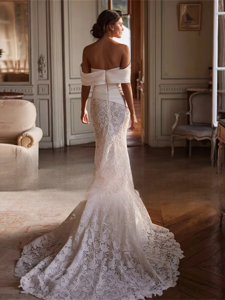 BIGDAY Luxury Lace Mermaid Wedding Dress Women Off The Shoulder Pleat Open Back V-Neck Bridal Gown Vestido De Noiva Customized 2 BIGDAY Luxury Lace Mermaid Wedding Dress Women Off The Shoulder Pleat Open Back V-Neck Bridal Gown Vestido De Noiva Customized - immagine 2