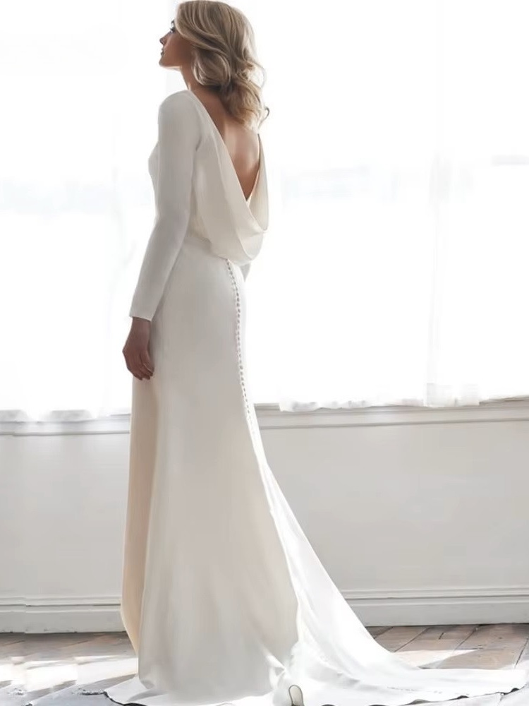 Long Sleeves Mermaid Back Cowl Wedding Dresses O-neck Beach Backless Bridal Party Gown Vestido De Novia Sweep Train Customized 3 Long Sleeves Mermaid Back Cowl Wedding Dresses O-neck Beach Backless Bridal Party Gown Vestido De Novia Sweep Train Customized - immagine 3