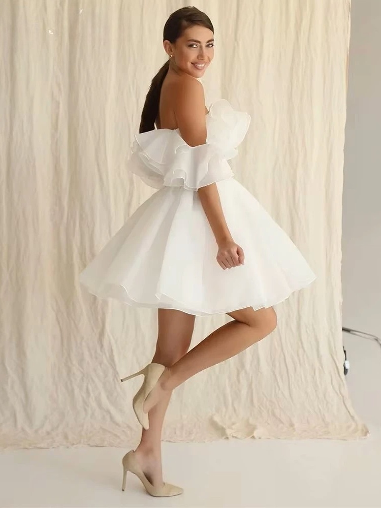 Customized Civil Short Boho Wedding Dresses Off The Shoulder Tiered Ruffles Puffy Mini Wedding Party Gowns For Bride Robes 2025 2 Customized Civil Short Boho Wedding Dresses Off The Shoulder Tiered Ruffles Puffy Mini Wedding Party Gowns For Bride Robes 2025 - immagine 2