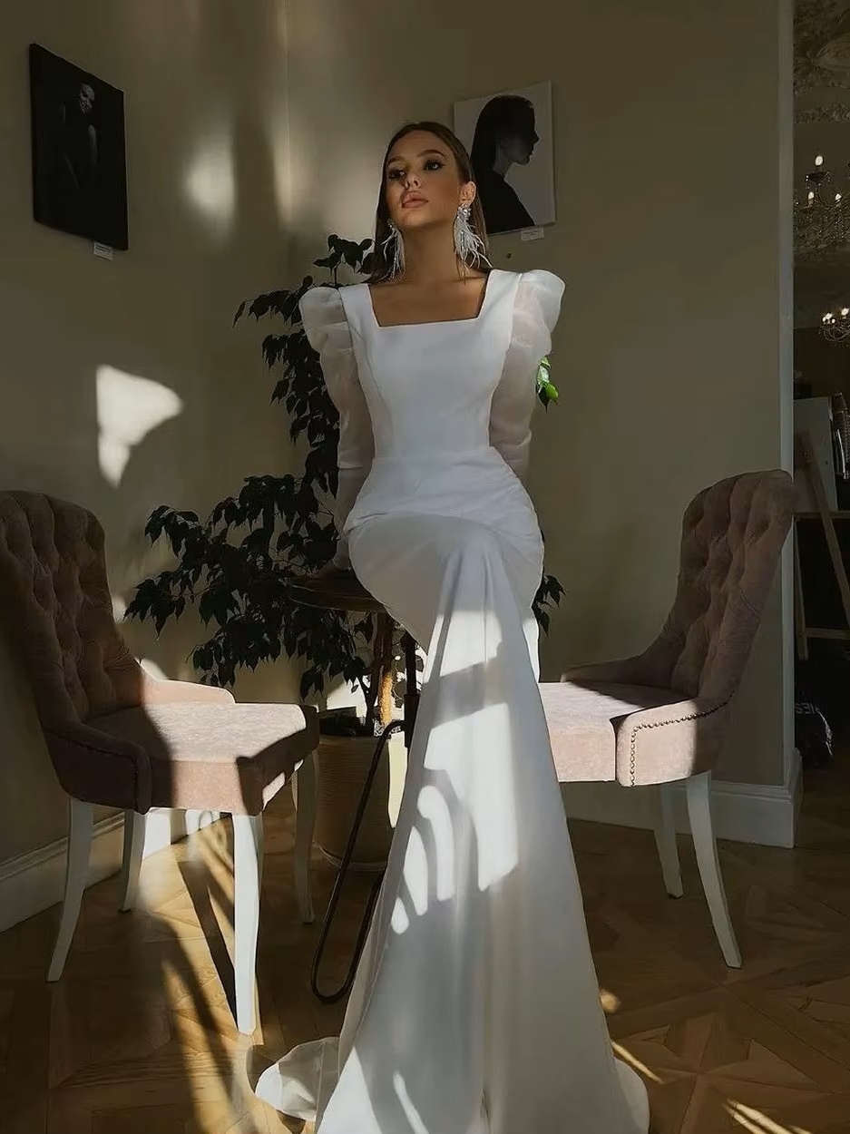 SoDigne Classic Satin Wedding Dresses Mermaid Puff Sleeves Square Neck Bridal Gown With Button Wedding Party Dress 3 SoDigne Classic Satin Wedding Dresses Mermaid Puff Sleeves Square Neck Bridal Gown With Button Wedding Party Dress - immagine 3