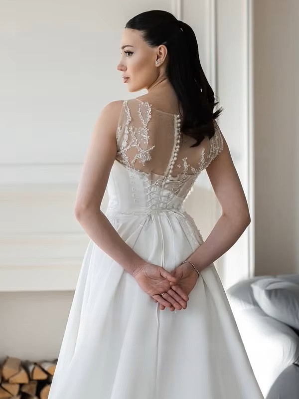 SoDigne A-line Satin Appliques Bride Dresses O-neck Sleeveless Wedding Dress Long Bridal Gowns vestidos de novia Customized 4 SoDigne A-line Satin Appliques Bride Dresses O-neck Sleeveless Wedding Dress Long Bridal Gowns vestidos de novia Customized - immagine 4