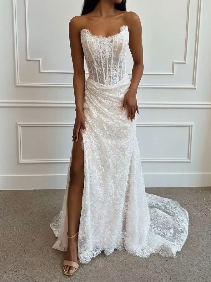SoDigne Mermaid Lace Wedding Dresses Strapless Sleeveless Bridal Dress Customized Women Split Long Wedding Gown 2 SoDigne Mermaid Lace Wedding Dresses Strapless Sleeveless Bridal Dress Customized Women Split Long Wedding Gown - immagine 2