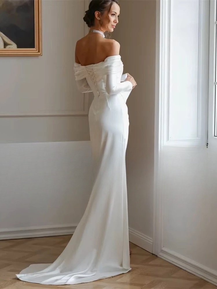 Modern Long Sleeve Mermaid Wedding Dresses Satin Pleat Off The Shoulder High Side Split Bridal Gown Vestido De Noiva Customized 2 Modern Long Sleeve Mermaid Wedding Dresses Satin Pleat Off The Shoulder High Side Split Bridal Gown Vestido De Noiva Customized - immagine 2