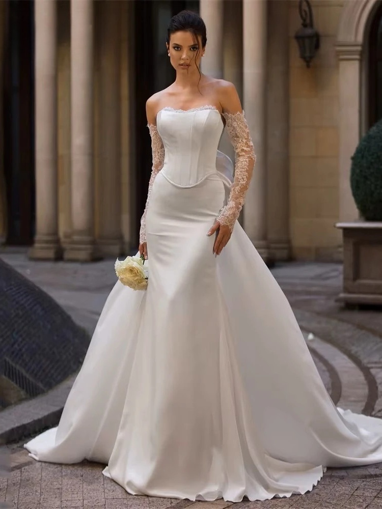 BIGDAY Modern Mermaid Wedding Dress Women Long Lace Sleeves Bow Strapless Open Back Bridal Gown Vestidos De Noiva Customized 1 BIGDAY Modern Mermaid Wedding Dress Women Long Lace Sleeves Bow Strapless Open Back Bridal Gown Vestidos De Noiva Customized