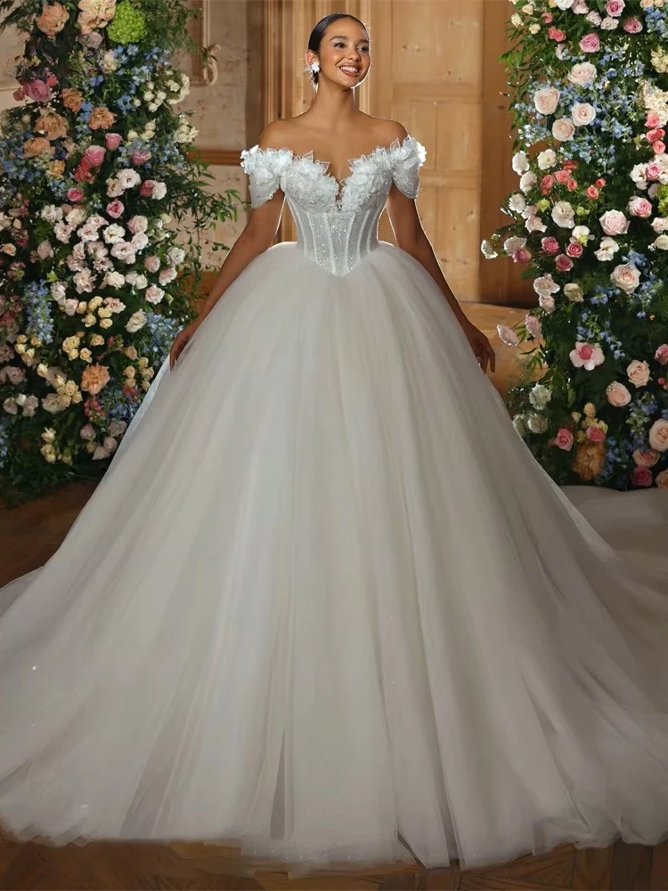 LORIE Vintage Glitter Lace Wedding Dress Ball V-Neck Applique Sparkly 3D Flower Bridal Gown Princess Ball Bride Dress Customized 1 LORIE Vintage Glitter Lace Wedding Dress Ball V-Neck Applique Sparkly 3D Flower Bridal Gown Princess Ball Bride Dress Customized