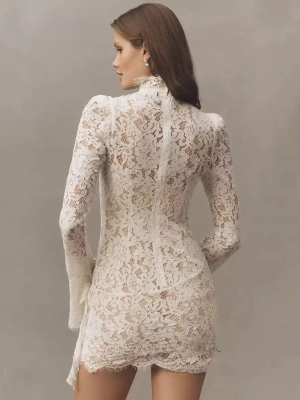 Classic Lace Appliques Mini Wedding Dresses Sexy Sheath Long Sleeves High Neck Bride Dress Anove Knee Pleat Lace Up Customized 2 Classic Lace Appliques Mini Wedding Dresses Sexy Sheath Long Sleeves High Neck Bride Dress Anove Knee Pleat Lace Up Customized - immagine 2