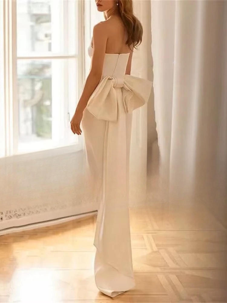 Elegant Short Mermaid Wedding Dress Strapless Satin Bow Sleeveless Simple Lace-up Bridal Gown Vestidos De Noiva Customized 2 Elegant Short Mermaid Wedding Dress Strapless Satin Bow Sleeveless Simple Lace-up Bridal Gown Vestidos De Noiva Customized - immagine 2