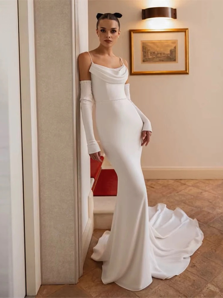BIGDAY Modern Mermaid Wedding Dress Women Spaghetti Straps Open Back Pleat Boat-Neck Bridal Gown Vestido De Noiva Customized 1 BIGDAY Modern Mermaid Wedding Dress Women Spaghetti Straps Open Back Pleat Boat-Neck Bridal Gown Vestido De Noiva Customized