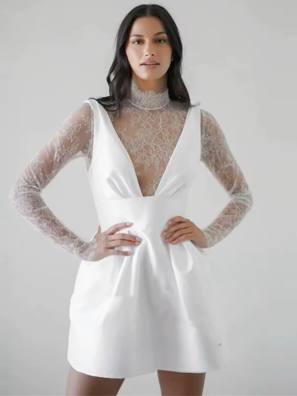 Customized Simple Mini Satin Lace Wedding Dress Pleat Long Sleeves Sexy High Neck Illusion With Button Short Wedding Gown 2025 3 Customized Simple Mini Satin Lace Wedding Dress Pleat Long Sleeves Sexy High Neck Illusion With Button Short Wedding Gown 2025 - immagine 3