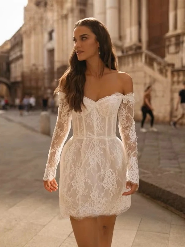 Boho Mermaid Mini Long Sleeves Wedding Dress Lace Appliques Sexy Strapless Pleated Open Back with Zipper Bridal Grown Customized 3 Boho Mermaid Mini Long Sleeves Wedding Dress Lace Appliques Sexy Strapless Pleated Open Back with Zipper Bridal Grown Customized - immagine 3