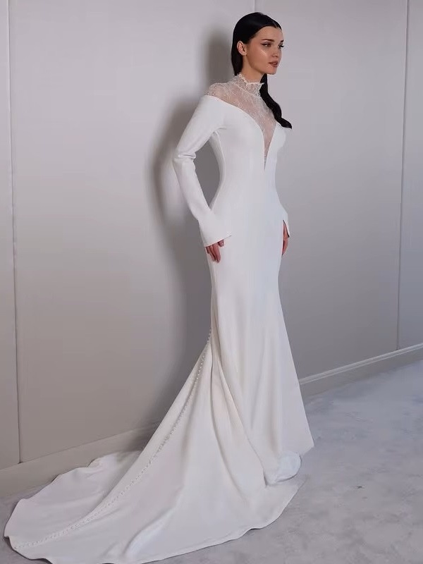 SoDigne Mermaid Lace/Satin Bride Dresses High Neck Full Sleeves Wedding Dress Long Bridal Gowns vestidos de novia Customized 2 SoDigne Mermaid Lace/Satin Bride Dresses High Neck Full Sleeves Wedding Dress Long Bridal Gowns vestidos de novia Customized - immagine 2