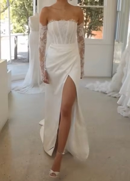 SoDigne Mermaid Boho Wedding Dresses Strapless Satin/Lace Bridal Dress Split Long Beach Wedding Gown Robe De Mairee Customized 2 SoDigne Mermaid Boho Wedding Dresses Strapless Satin/Lace Bridal Dress Split Long Beach Wedding Gown Robe De Mairee Customized - immagine 2