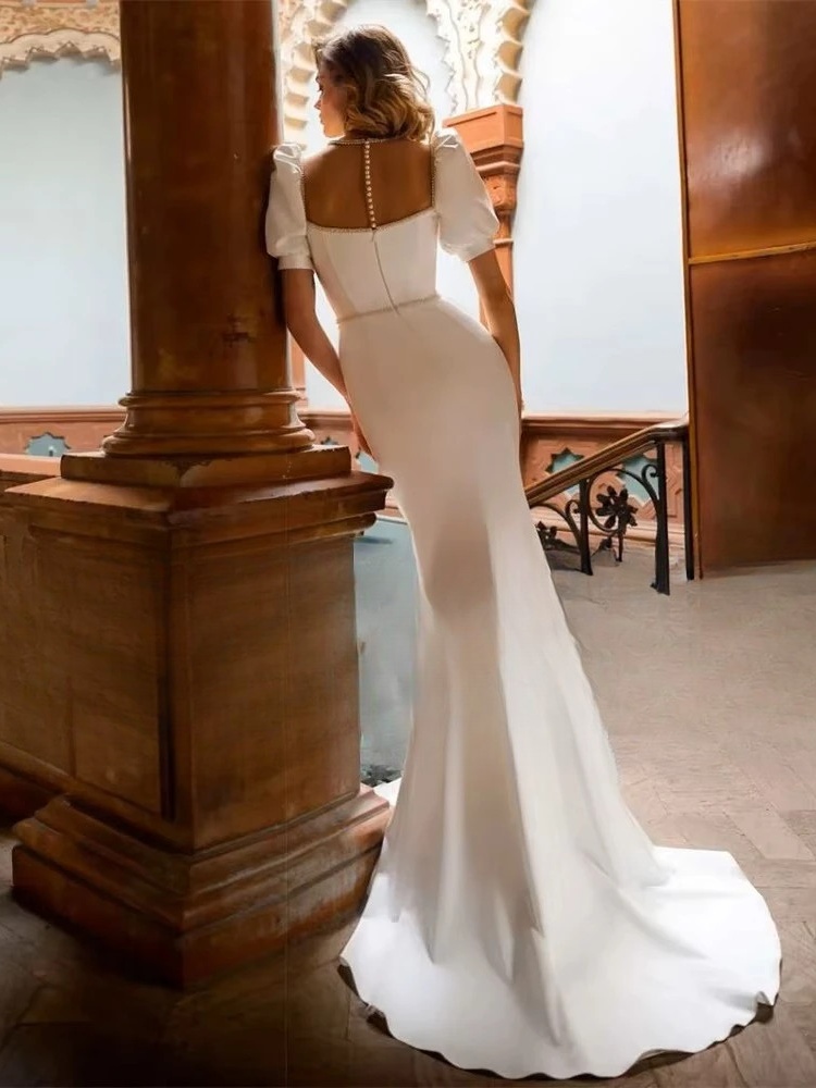 Classic Mermaid Wedding Dress Women Short Puff Sleeve Square Collar Illusion Back Bridal Gown Train Vestidos De Noiva Customized 2 Classic Mermaid Wedding Dress Women Short Puff Sleeve Square Collar Illusion Back Bridal Gown Train Vestidos De Noiva Customized - immagine 2