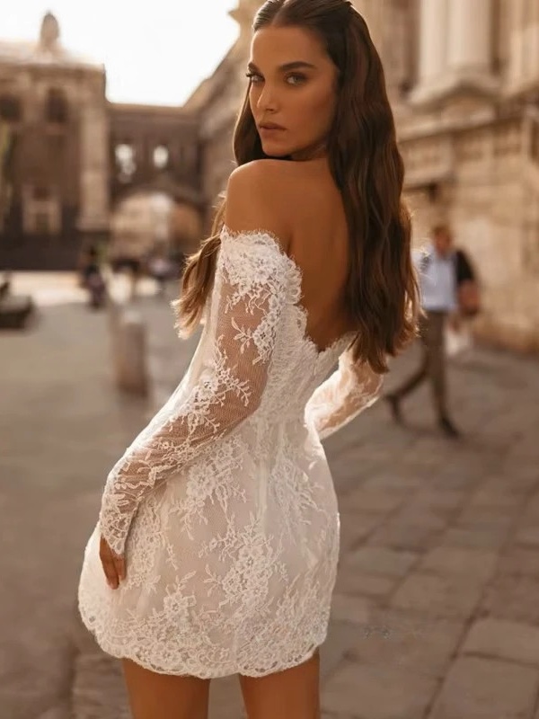 Boho Mermaid Mini Long Sleeves Wedding Dress Lace Appliques Sexy Strapless Pleated Open Back with Zipper Bridal Grown Customized 2 Boho Mermaid Mini Long Sleeves Wedding Dress Lace Appliques Sexy Strapless Pleated Open Back with Zipper Bridal Grown Customized - immagine 2