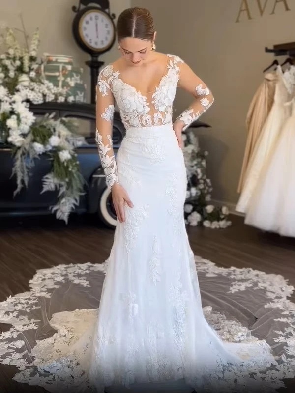 SoDigne Mermaid Boho Wedding Dresses V-neck Full Sleeves Tulle Appliques Bridal Dress Wedding Gown Robe De Mairee Customized 2 SoDigne Mermaid Boho Wedding Dresses V-neck Full Sleeves Tulle Appliques Bridal Dress Wedding Gown Robe De Mairee Customized - immagine 2