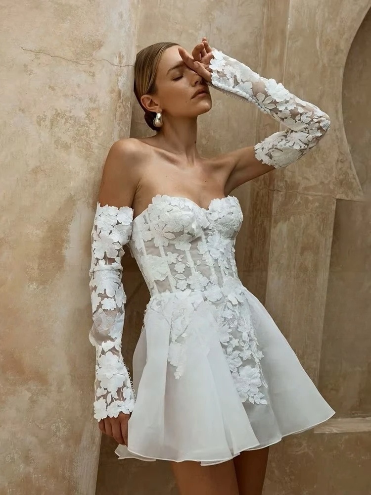 Civil Short Boho Wedding Dresses Appliques Half Sleeve sweetheart Mini Wedding Gowns For Bride Floral Print Robe 2025 Customized 2 Civil Short Boho Wedding Dresses Appliques Half Sleeve sweetheart Mini Wedding Gowns For Bride Floral Print Robe 2025 Customized - immagine 2