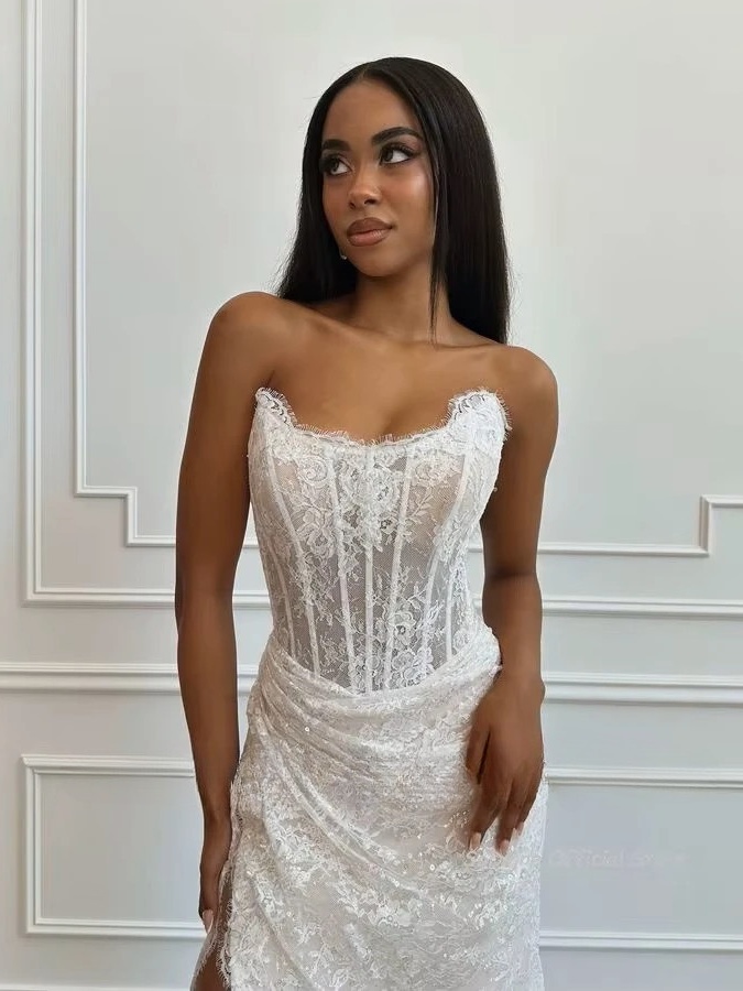 SoDigne Mermaid Lace Wedding Dresses Strapless Sleeveless Bridal Dress Customized Women Split Long Wedding Gown 3 SoDigne Mermaid Lace Wedding Dresses Strapless Sleeveless Bridal Dress Customized Women Split Long Wedding Gown - immagine 3