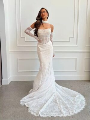 SoDigne Mermaid Lace Beach Wedding Dresses Strapless Detachable Sleeves Bridal Dress Customized Women Long Wedding Gown