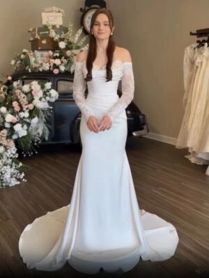 SoDigne Mermaid Satin/Lace Wedding Dresses Off Shoulder Long Sleeves Bridal Dress 2026 Bride Gown vestidos de novia Customized