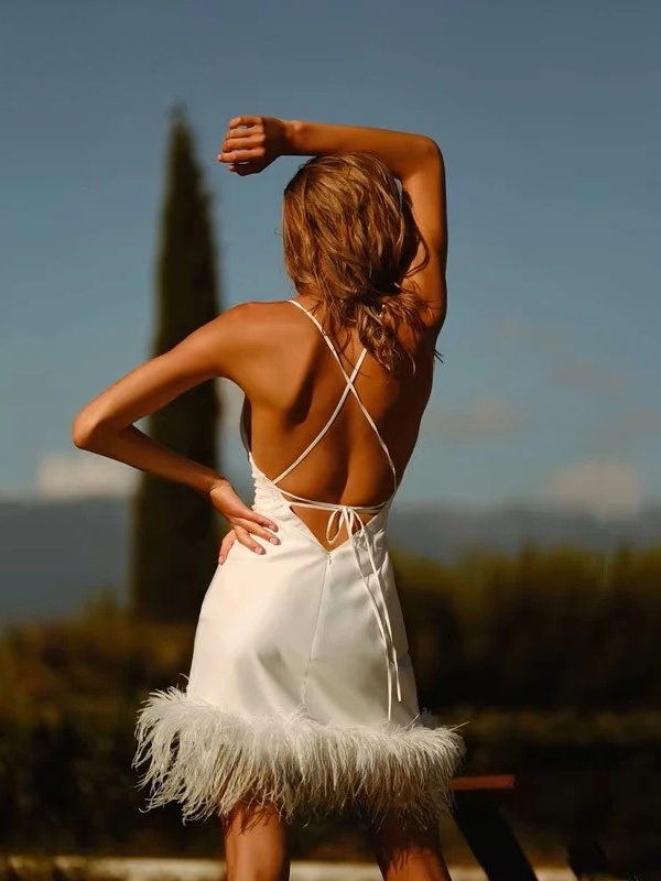 Vintage 2-Piece Lace Wedding Dress Simple Long Lantern Sleeves Mini Bride Dress Sexy V-Neck Backless Pleated Feathers Customized 2 Vintage 2-Piece Lace Wedding Dress Simple Long Lantern Sleeves Mini Bride Dress Sexy V-Neck Backless Pleated Feathers Customized - immagine 2