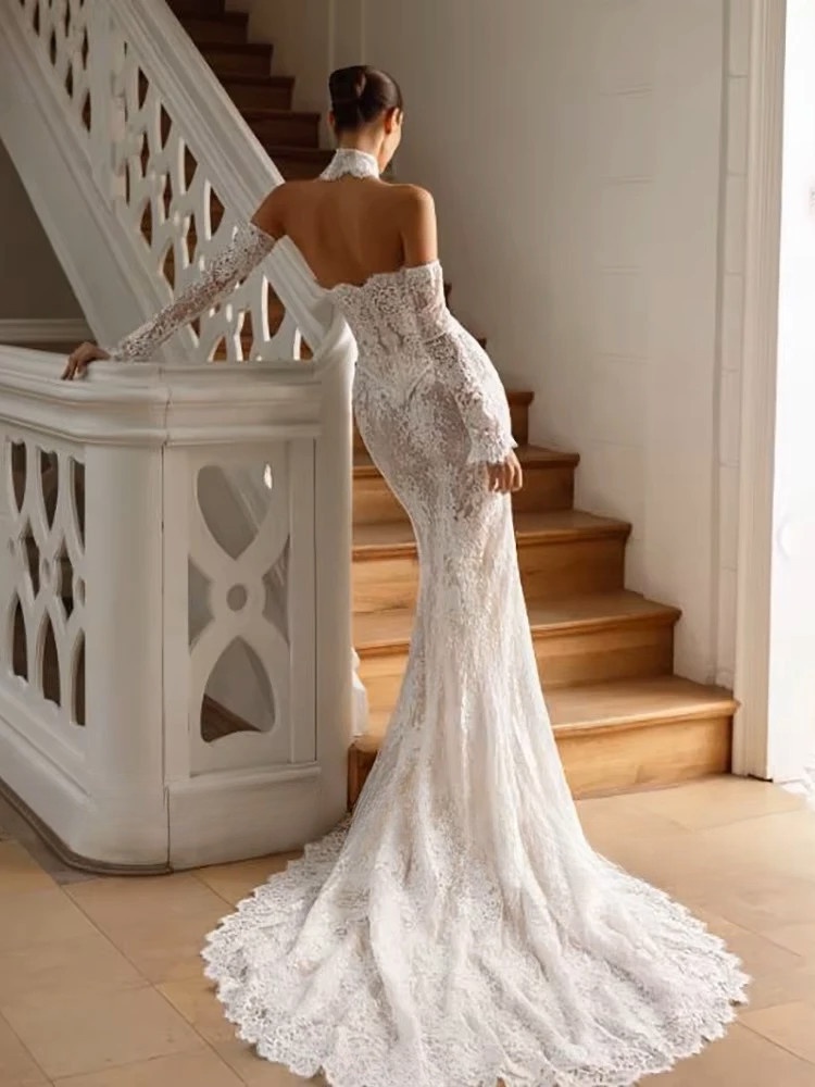 LORIE Vintage Lace Mermaid Wedding Dress Sexy Off Shoulder Long Sleeve Bridal PartryGown Backless Princess Bride Gown Customized 3 LORIE Vintage Lace Mermaid Wedding Dress Sexy Off Shoulder Long Sleeve Bridal PartryGown Backless Princess Bride Gown Customized - immagine 3