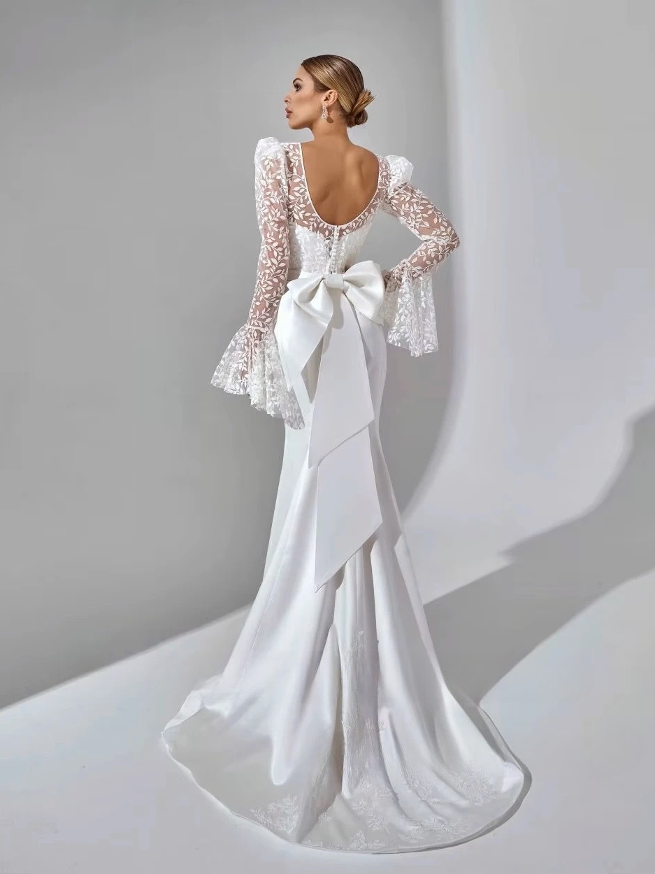 SoDigne Mermaid Satin Bride Dresses Appliques Full Sleeves Wedding Dress Long Bridal Gowns with Bow Robe De Mairee Customized 2 SoDigne Mermaid Satin Bride Dresses Appliques Full Sleeves Wedding Dress Long Bridal Gowns with Bow Robe De Mairee Customized - immagine 2