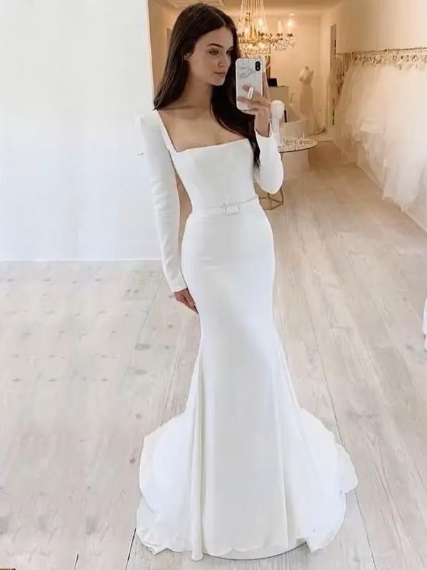 SoDigne Elegant Wedding Dress Mermaid Square Neckline Long Sleeves Backless Satin Bridal Dress Brides Gowns For Women 2 SoDigne Elegant Wedding Dress Mermaid Square Neckline Long Sleeves Backless Satin Bridal Dress Brides Gowns For Women - immagine 2