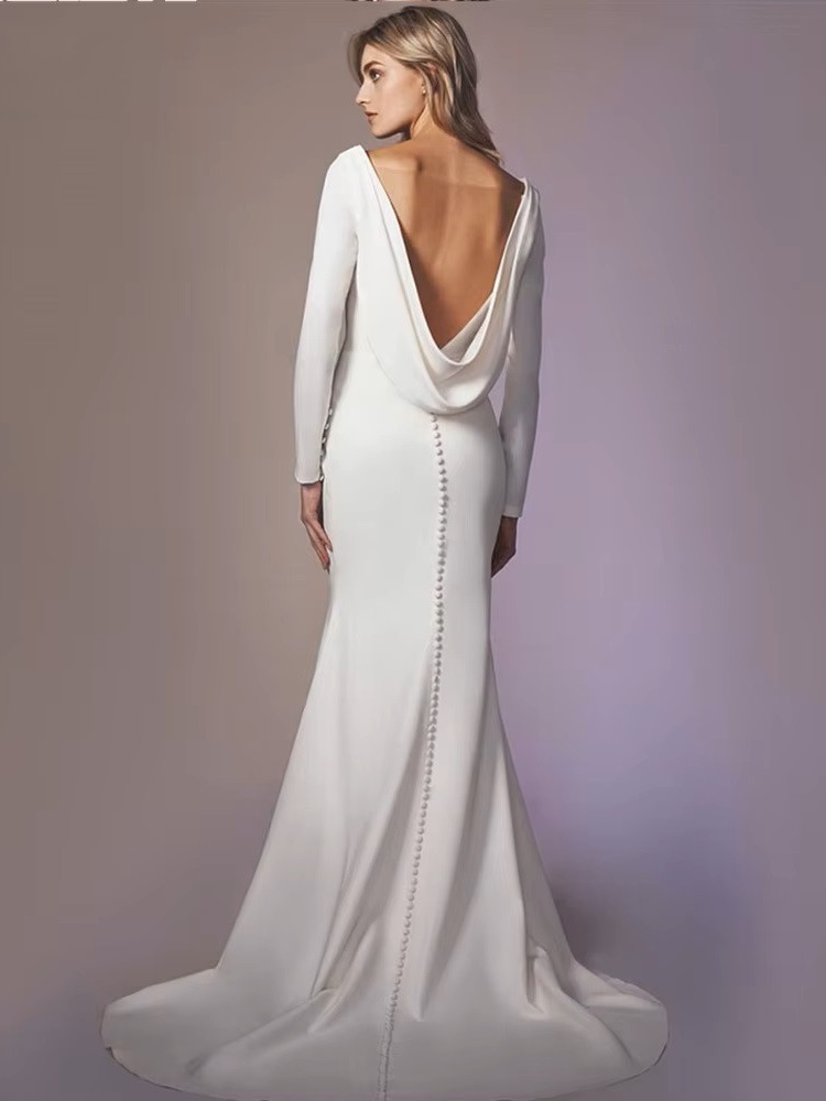 Long Sleeves Mermaid Back Cowl Wedding Dresses O-neck Beach Backless Bridal Party Gown Vestido De Novia Sweep Train Customized 2 Long Sleeves Mermaid Back Cowl Wedding Dresses O-neck Beach Backless Bridal Party Gown Vestido De Novia Sweep Train Customized - immagine 2