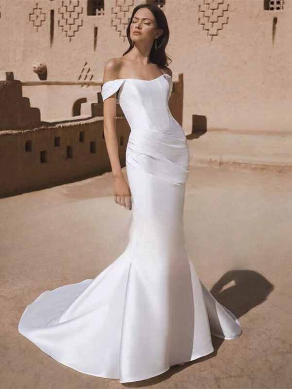 BIGDAY Satin Mermaid Wedding Dress Women 2025 Off The Shoulder Open Back Pleat Boat-Neck Bridal Gown Vestido De Noiva Customized - immagine 3