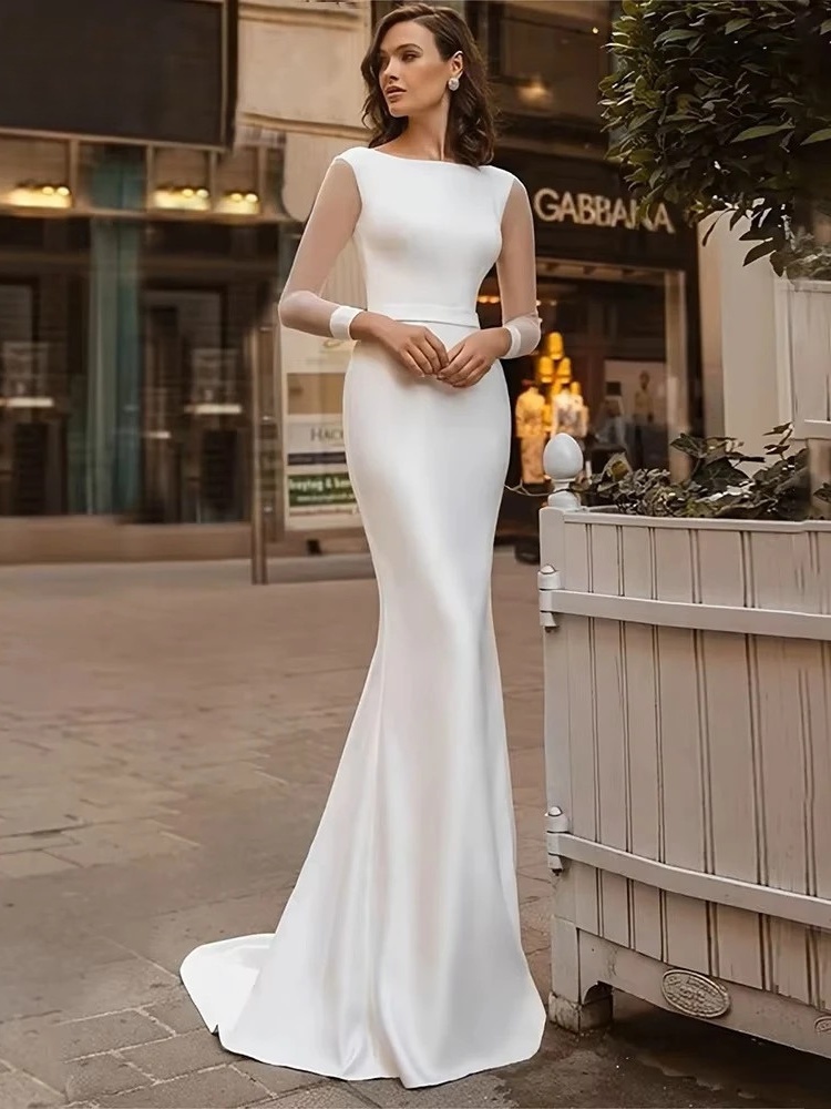 Elegant Long Sleeve Wedding Dress 2025 Mermaid Open Back Satin Backless O-Neck Bridal Gown Lace Up Vestido De Novia Customized 1 Elegant Long Sleeve Wedding Dress 2025 Mermaid Open Back Satin Backless O-Neck Bridal Gown  Lace Up Vestido De Novia Customized