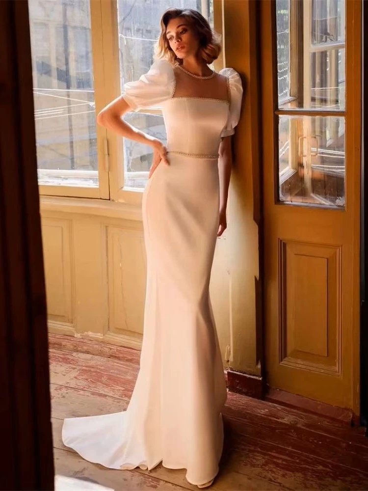 Classic Mermaid Wedding Dress Women Short Puff Sleeve Square Collar Illusion Back Bridal Gown Train Vestidos De Noiva Customized 1 Classic Mermaid Wedding Dress Women Short Puff Sleeve Square Collar Illusion Back Bridal Gown Train Vestidos De Noiva Customized