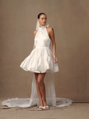 Simple Ivory Satin Mini Wedding Dress Sleeveless Pleat Halter Ball Gown Sexy Backless  with Lace Up Short Bride Dress Customized