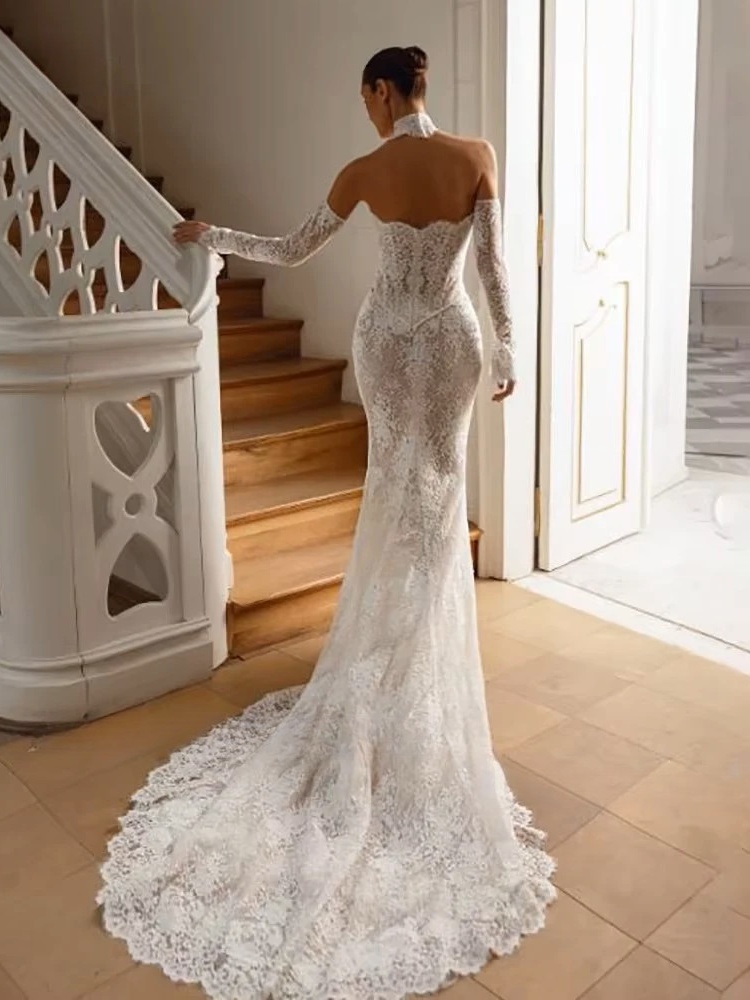 LORIE Vintage Lace Mermaid Wedding Dress Sexy Off Shoulder Long Sleeve Bridal PartryGown Backless Princess Bride Gown Customized 2 LORIE Vintage Lace Mermaid Wedding Dress Sexy Off Shoulder Long Sleeve Bridal PartryGown Backless Princess Bride Gown Customized - immagine 2