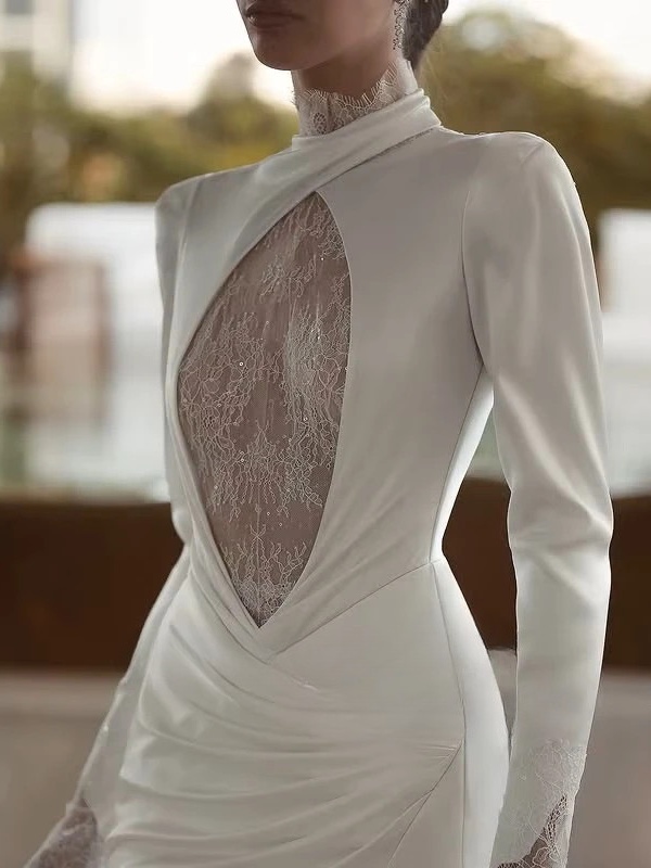 SoDigne Mermaid Wedding Dresses High Neck Full Sleeves Satin/Lace Bridal Dress Long Wedding Gown Robe De Mairee Customized 3 SoDigne Mermaid Wedding Dresses High Neck Full Sleeves Satin/Lace Bridal Dress Long Wedding Gown Robe De Mairee Customized - immagine 3