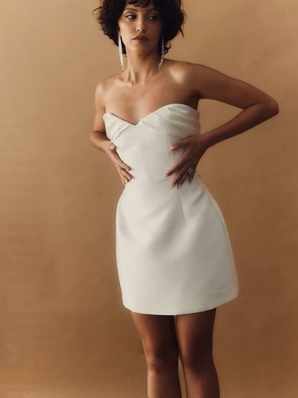 Boho Mini Sheath Satin Wedding Dress 2025 Sexy Strapless Open Back With Zipper Formal Pleat Sleeveless Short Growns Customized 1 Boho Mini Sheath Satin Wedding Dress 2025 Sexy Strapless Open Back With Zipper Formal Pleat Sleeveless Short Growns Customized