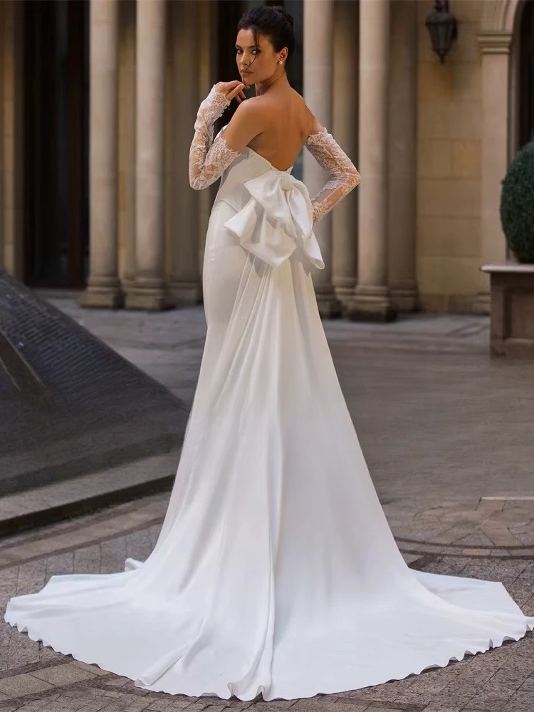 BIGDAY Modern Mermaid Wedding Dress Women Long Lace Sleeves Bow Strapless Open Back Bridal Gown Vestidos De Noiva Customized 2 BIGDAY Modern Mermaid Wedding Dress Women Long Lace Sleeves Bow Strapless Open Back Bridal Gown Vestidos De Noiva Customized - immagine 2