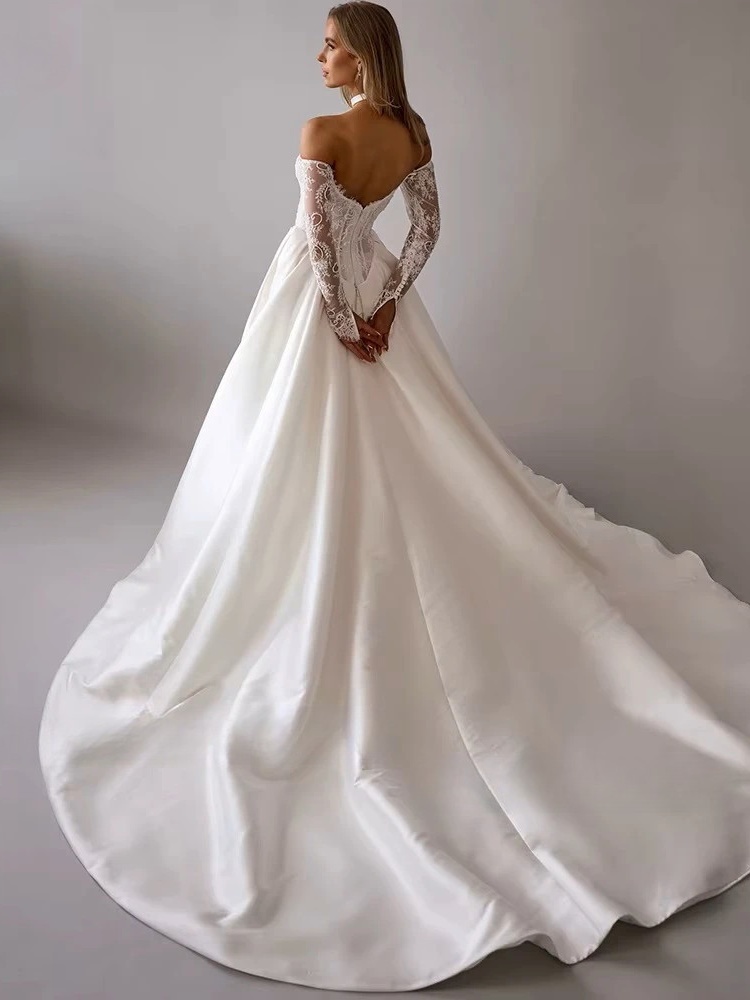 LORIE Vintage Lace Wedding Dress A-Line Off Shoulder Applique Long Sleeve Bridal Gown Princess Slit Corset Bride Gown Customized 2 LORIE Vintage Lace Wedding Dress A-Line Off Shoulder Applique Long Sleeve Bridal Gown Princess Slit Corset Bride Gown Customized - immagine 2