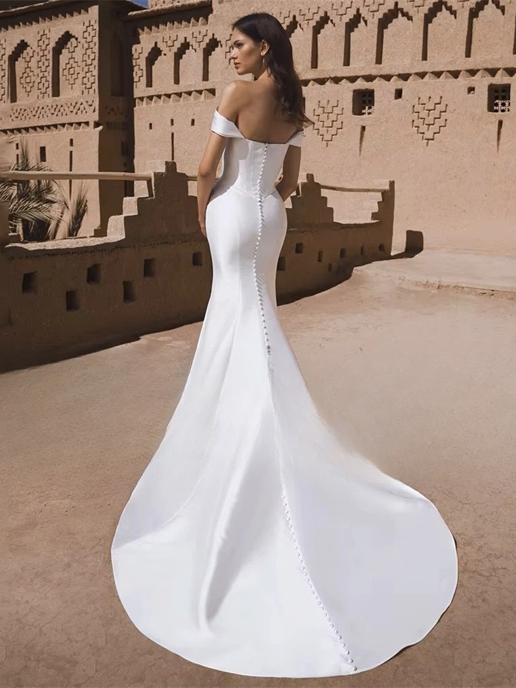 BIGDAY Satin Mermaid Wedding Dress Women 2025 Off The Shoulder Open Back Pleat Boat-Neck Bridal Gown Vestido De Noiva Customized 2 BIGDAY Satin Mermaid Wedding Dress Women 2025 Off The Shoulder Open Back Pleat Boat-Neck Bridal Gown Vestido De Noiva Customized - immagine 2