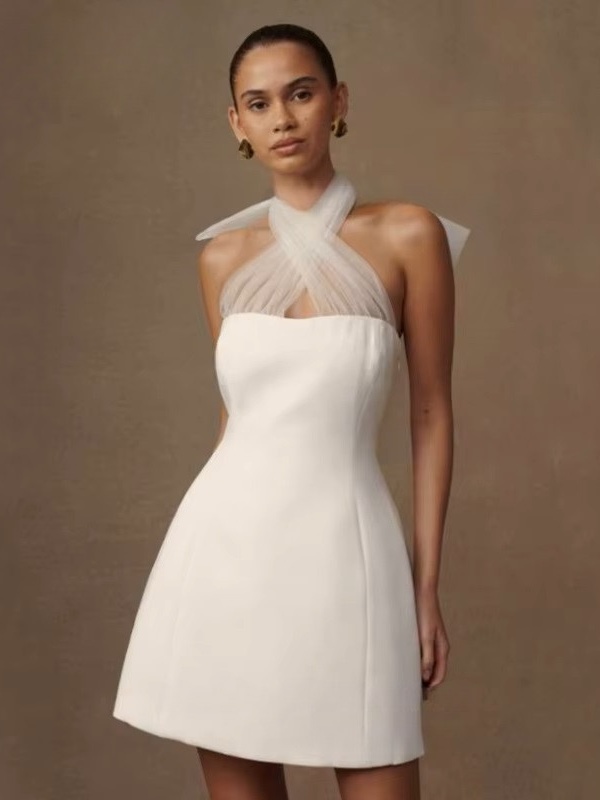 Simple Mini Mermaid Satin Wedding Dress Sexy Sleeveless Tulle Hatler Formal Pleat Open Back with Bow Boho Short Grown Customized 3 Simple Mini Mermaid Satin Wedding Dress Sexy Sleeveless Tulle Hatler Formal Pleat Open Back with Bow Boho Short Grown Customized - immagine 3