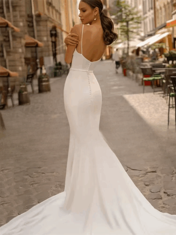 Elegant Mermaid Wedding Dresses Spaghetti Straps Boat-Neck Backless Pleat Bridal Gown Sweep Train Vestidos De Noiva Customized - immagine 2