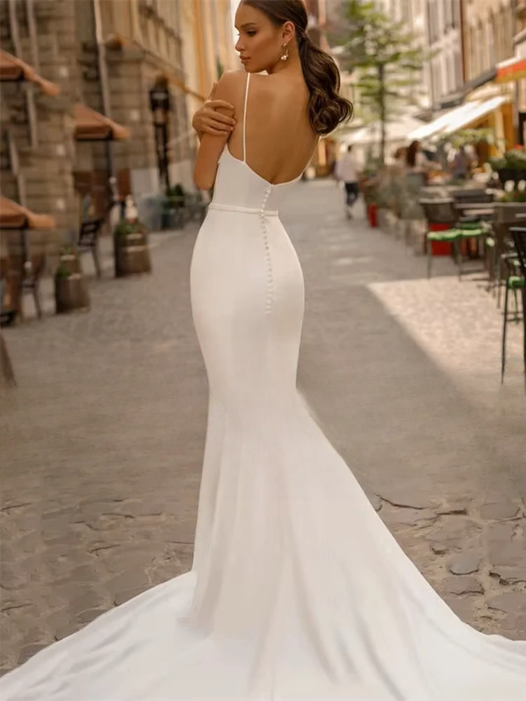 Elegant Mermaid Wedding Dresses Spaghetti Straps Boat-Neck Backless Pleat Bridal Gown Sweep Train Vestidos De Noiva Customized 2 Elegant Mermaid Wedding Dresses Spaghetti Straps Boat-Neck Backless Pleat Bridal Gown Sweep Train Vestidos De Noiva Customized - immagine 2