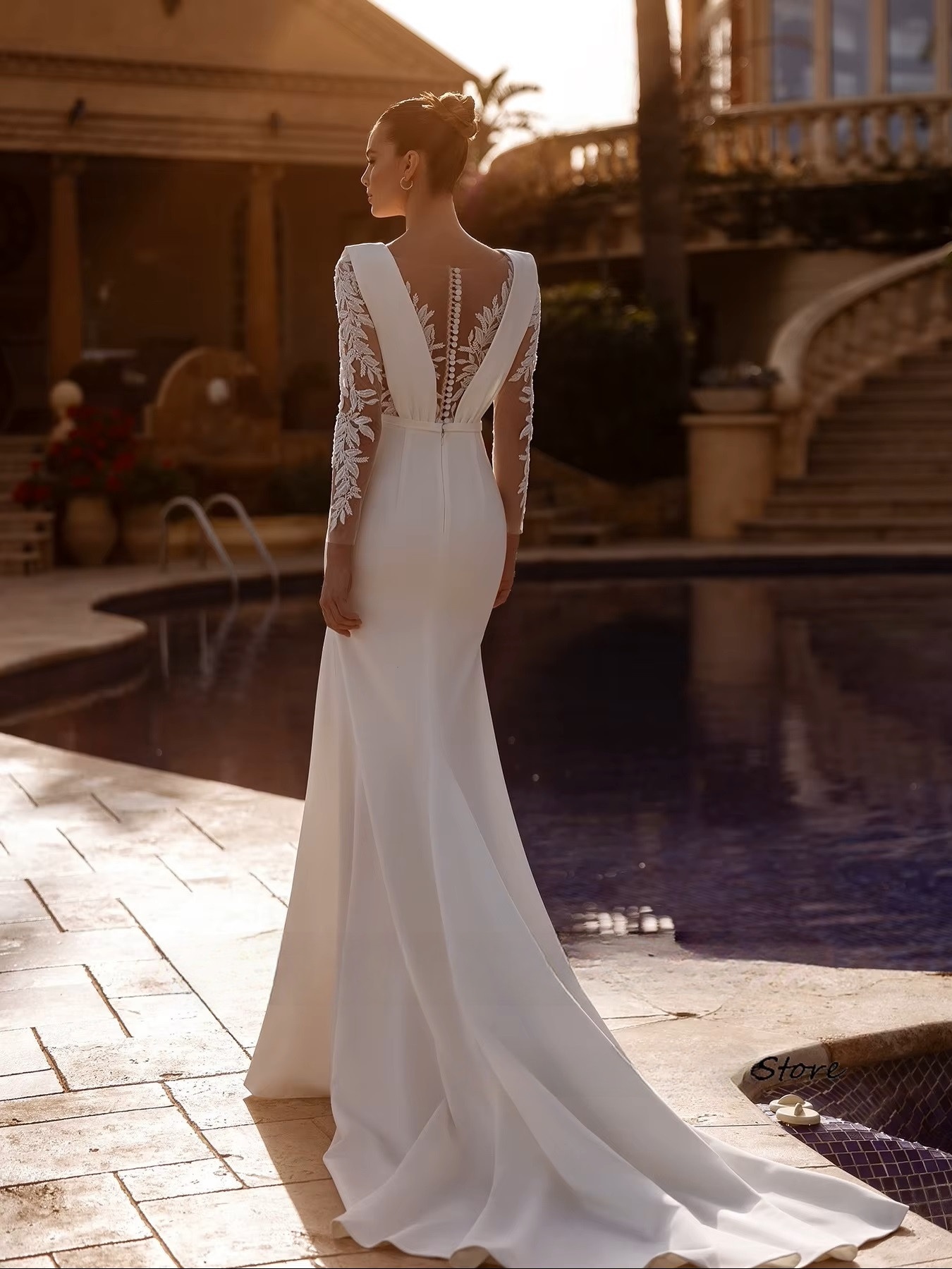 SoDigne Mermaid Satin Appliques Wedding Dresses Full Sleeves O-neck Bride Dress Wedding Gowns vestidos de novia Customized 2 SoDigne Mermaid Satin Appliques Wedding Dresses Full Sleeves O-neck Bride Dress Wedding Gowns vestidos de novia Customized - immagine 2