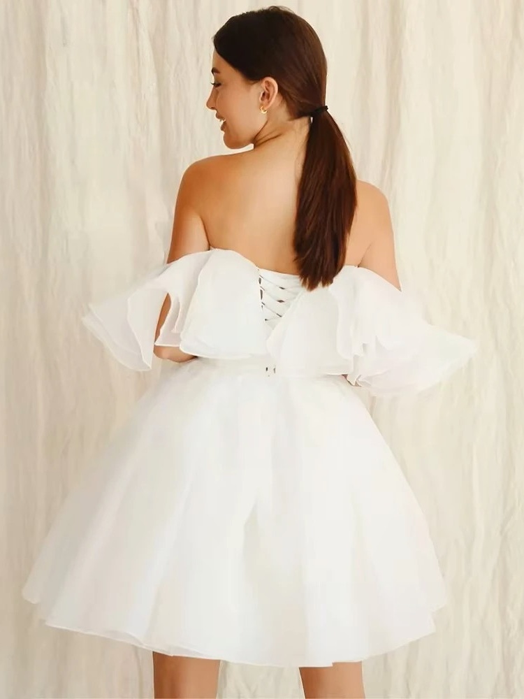 Customized Civil Short Boho Wedding Dresses Off The Shoulder Tiered Ruffles Puffy Mini Wedding Party Gowns For Bride Robes 2025 4 Customized Civil Short Boho Wedding Dresses Off The Shoulder Tiered Ruffles Puffy Mini Wedding Party Gowns For Bride Robes 2025 - immagine 4