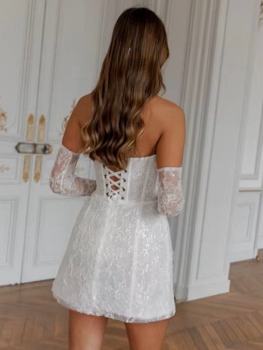 Simple A-Line Mini White Wedding Dress Sexy Strapless Formal Pleat Shiny Sequined Sleeveless Vintage Backless Short Customized 3 Simple A-Line Mini White Wedding Dress Sexy Strapless Formal Pleat Shiny Sequined Sleeveless Vintage Backless Short Customized - immagine 3