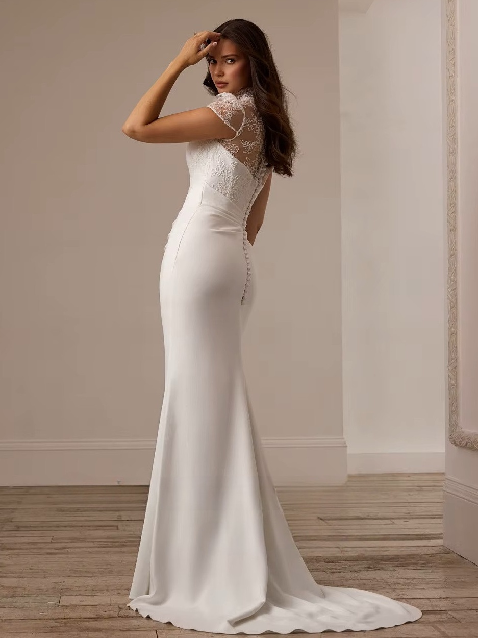 SoDigne Mermaid Lace/Satin Bride Dresses High Neck Short Sleeves Wedding Dress Long Bridal Gowns vestidos de novia Customized 2 SoDigne Mermaid Lace/Satin  Bride Dresses High Neck Short Sleeves Wedding Dress Long Bridal Gowns vestidos de novia Customized - immagine 2